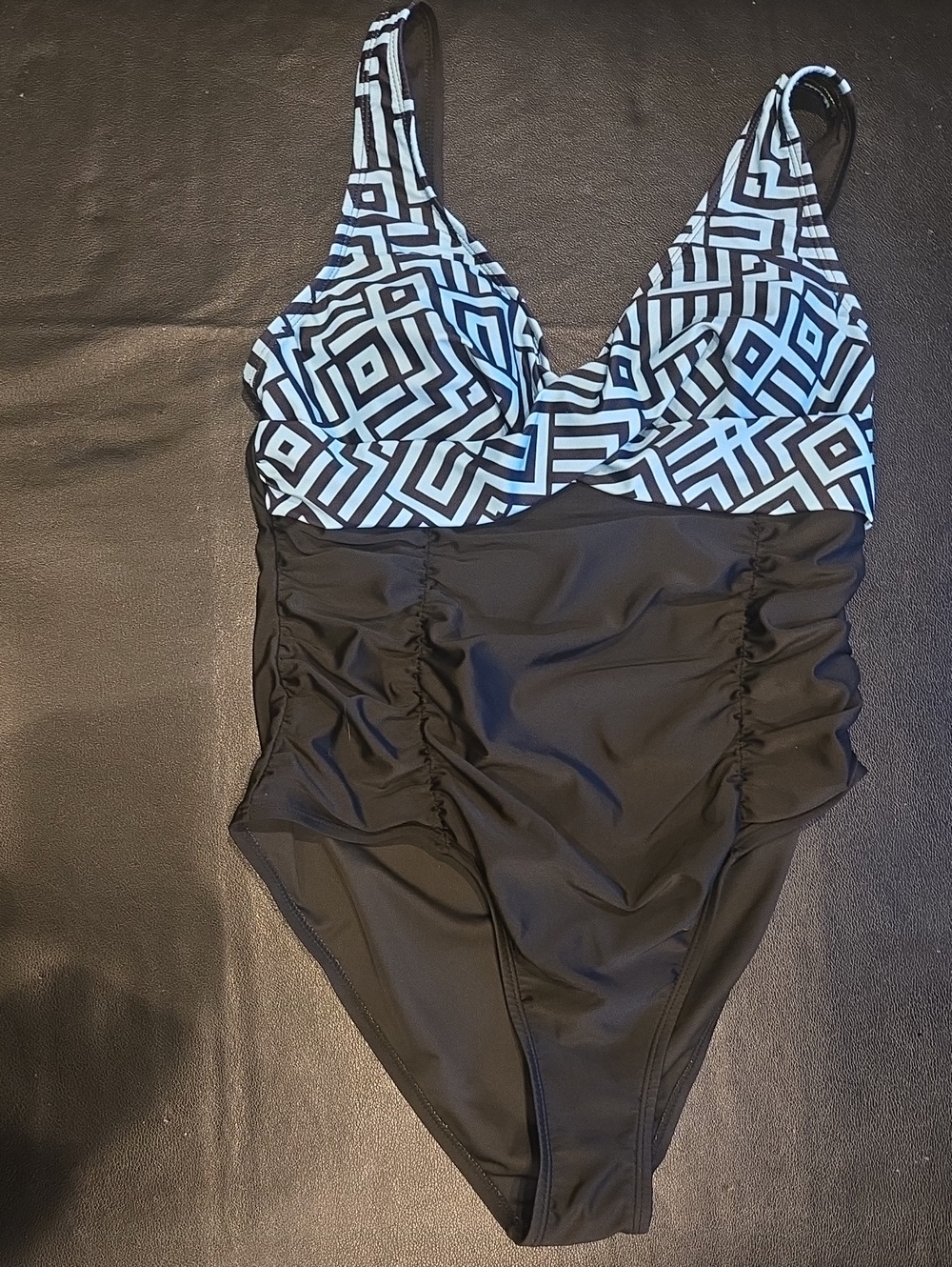 SHEIN Black One-Piece Swimsuit with Light Blue Geometric Top